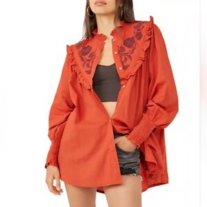 Free People NWT Rose Vines Cotton Embroidered Long Sleeve Iron Combo Top